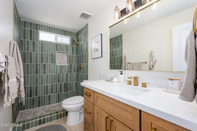 a bathroom with a sink toilet vanity and shower