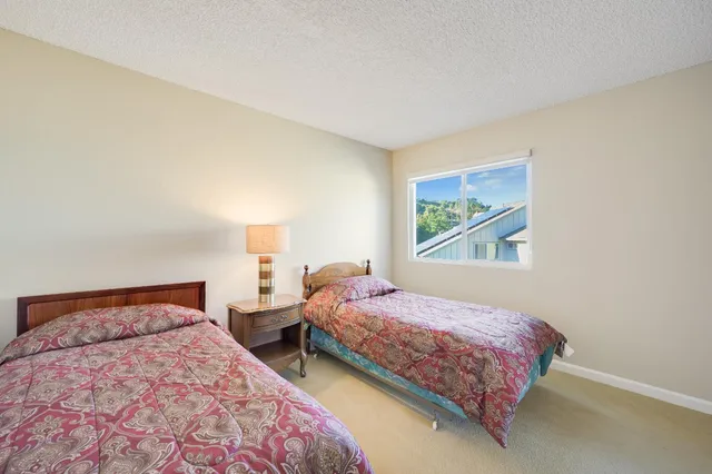 an aerial view of a house with a garden and swimming pool