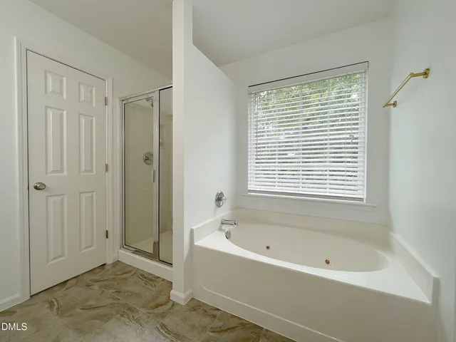a bathroom with a bathtub and a shower