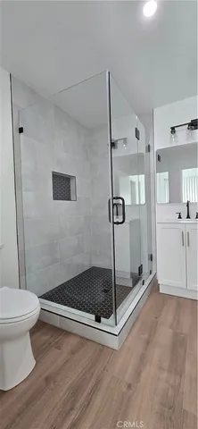 a bathroom with a shower and a toilet