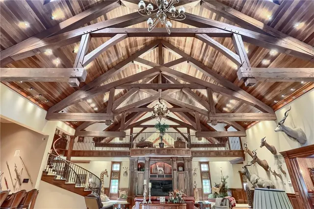 a large building with a clock on a ceiling fan