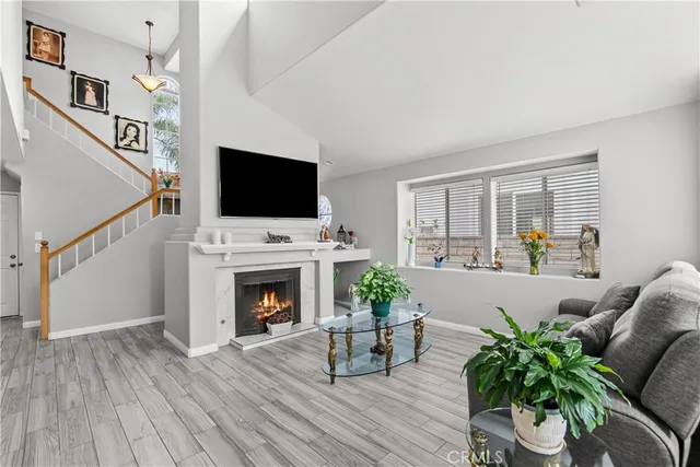 a living room with furniture a fireplace and potted plants