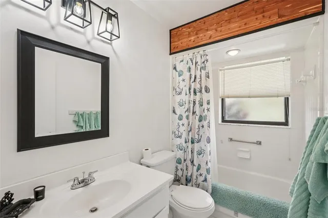 a bathroom with a sink a toilet and shower curtain
