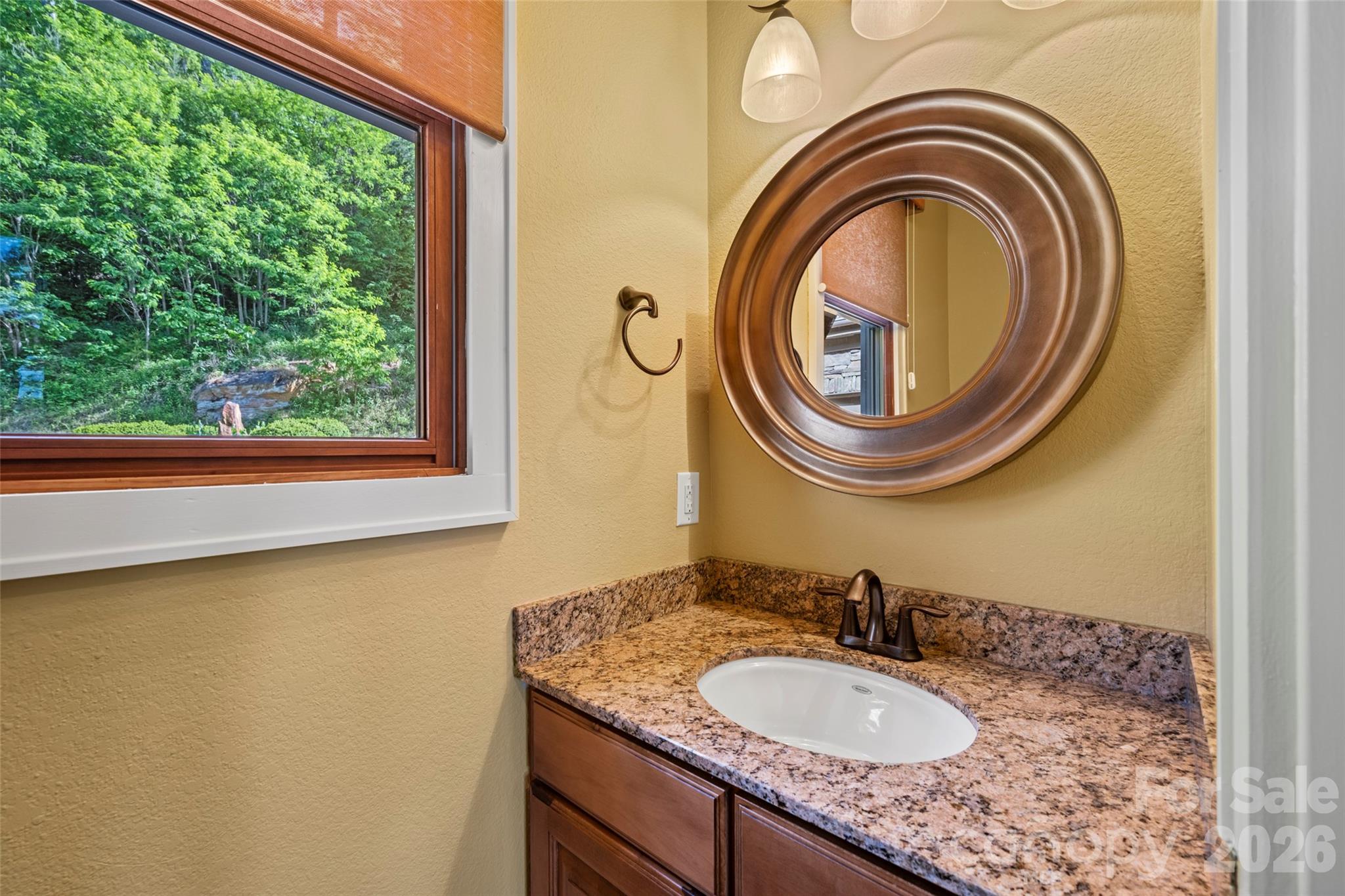 556 High Pines Loop Lake Lure, NC 28746 - Photo 7 of 46 a bathroom with a granite countertop sink and a mirror