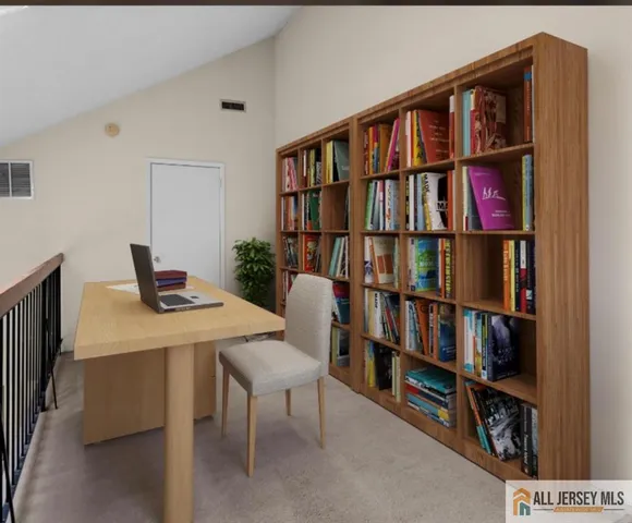 a workspace with a bookshelf