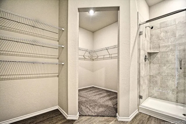 a bathroom with a shower and a sink