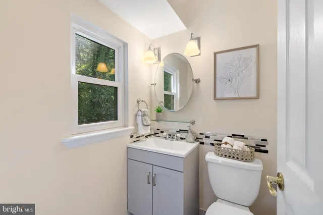 a bathroom with a toilet sink and mirror