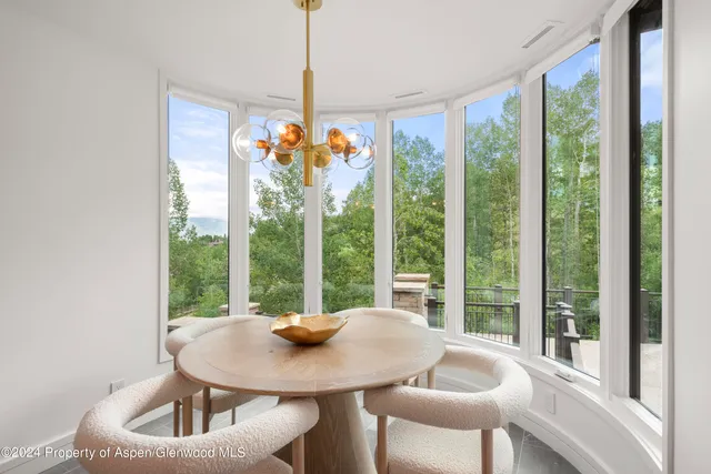 a view of a dining room with furniture window and outside view