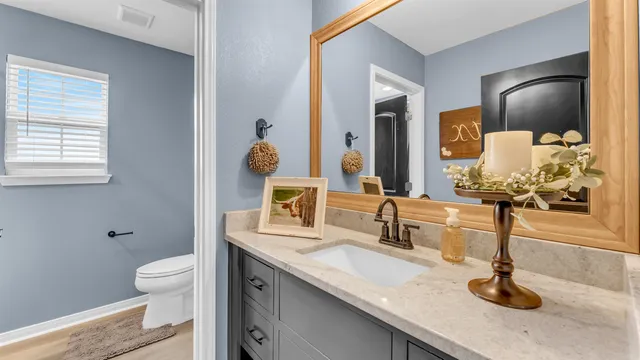 a bathroom with a sink a toilet and mirror