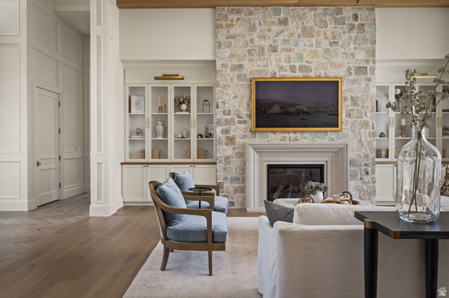 478 South Maple Lakes Drive Mapleton, UT 84664 - Photo 13 of 51 Stone fireplace featuring a classic mantel, hearth, and firebox with iron grate