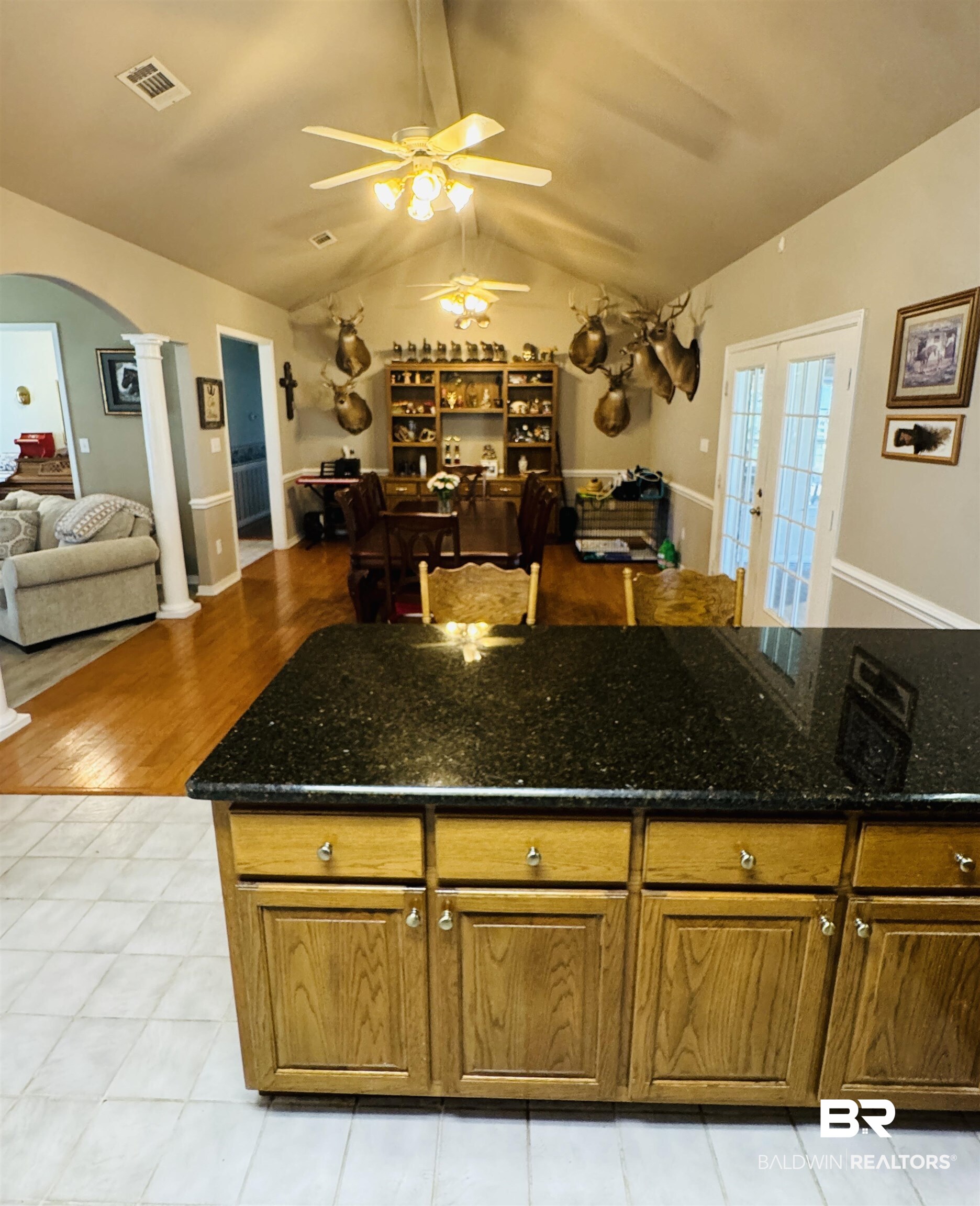 13795 White Road Silverhill, AL 36576 - Photo 99 of 99 Kitchen with open floor plan, wood finish cabinets, arched walkways, ornate columns, and french doors