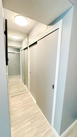 a bathroom with a shower and a wooden floor