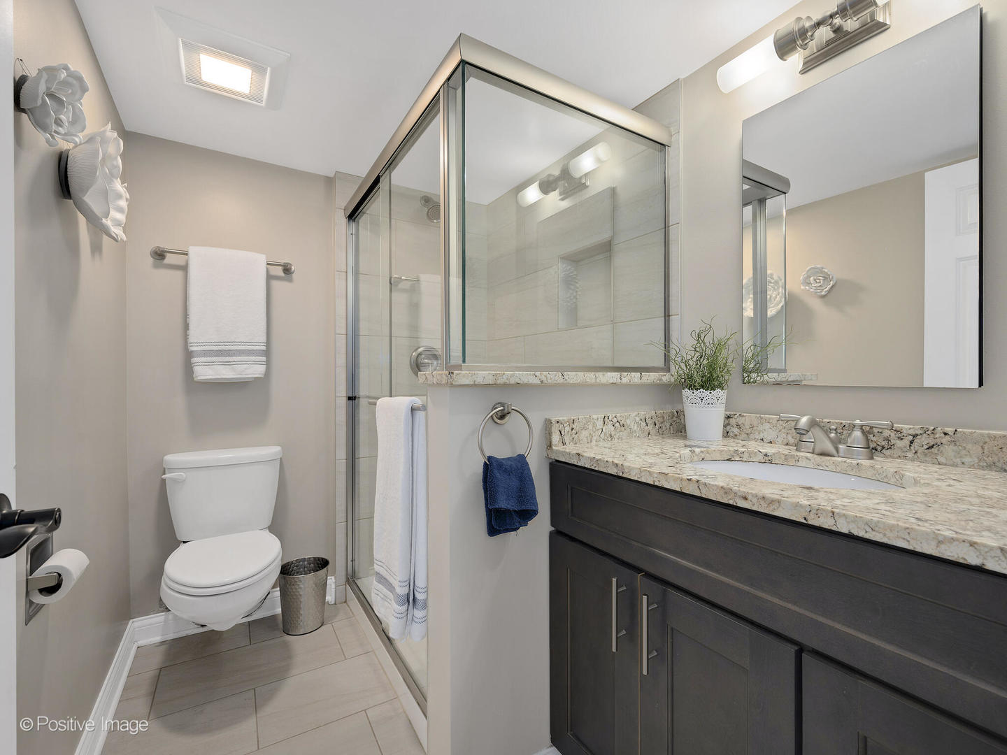 100 West Butterfield Road, Unit 401N Elmhurst, IL 60126 - Photo 19 of 29 a bathroom with a granite countertop sink a toilet a mirror and shower