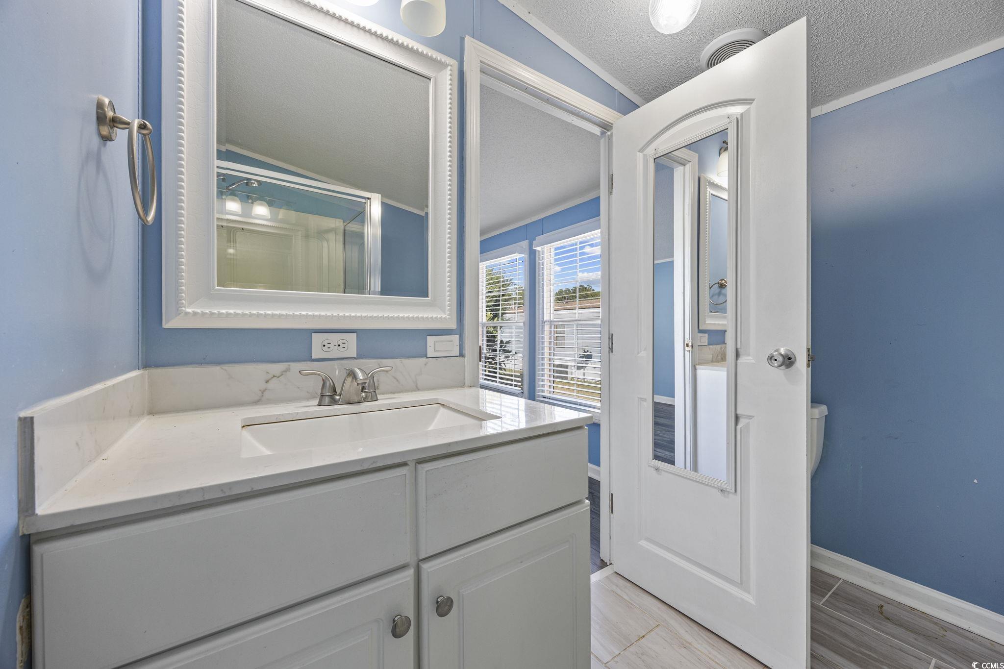 2000 Highway 15 Myrtle Beach, SC 29577 - Photo 17 of 27 Bathroom with vanity, a textured ceiling, and wood tiled floors