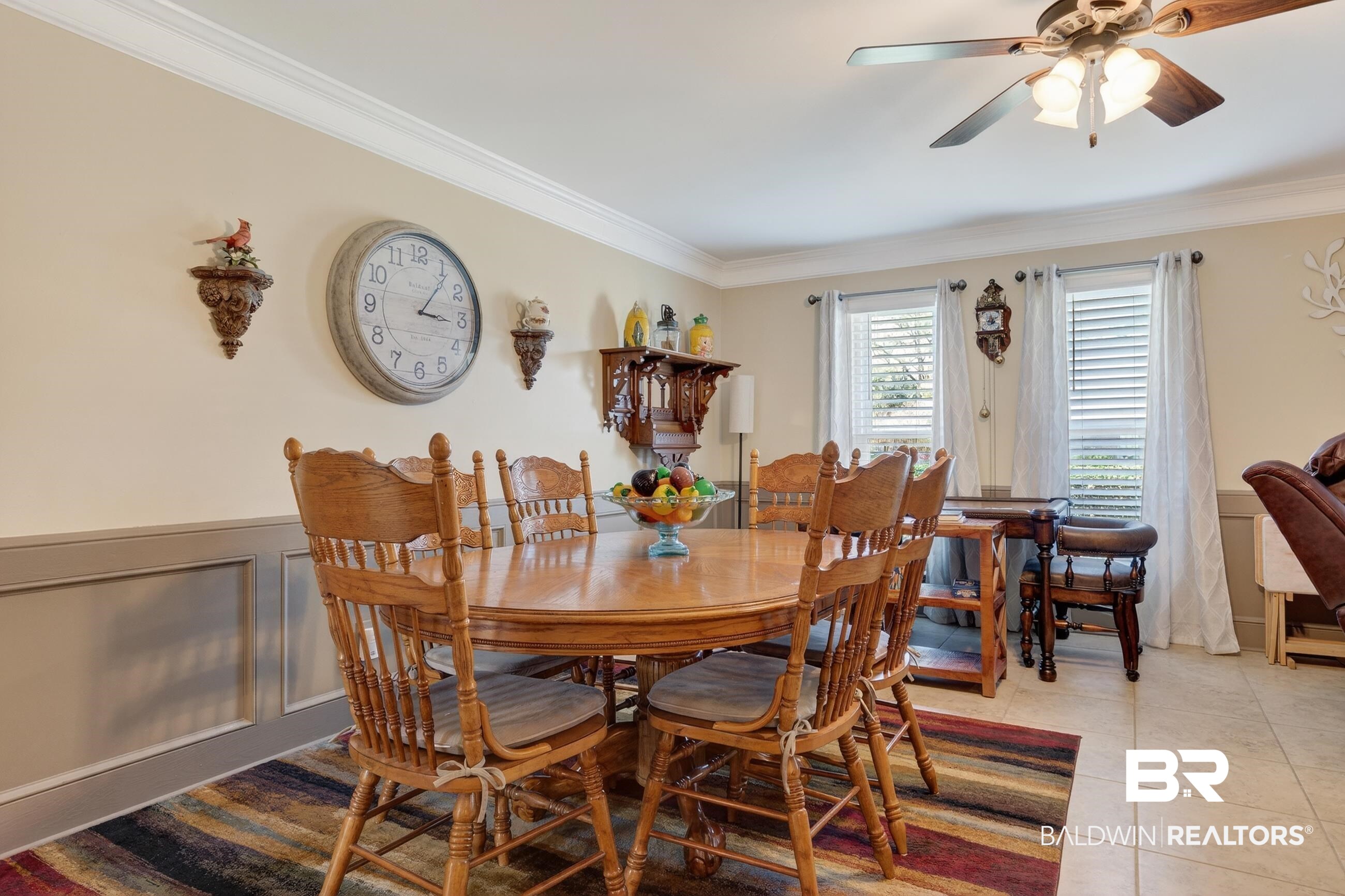 1271 Spring Valley Drive South Mobile, AL 36693 - Photo 29 of 56 Dining space with a wainscoted wall, ornamental molding, a decorative wall, ceiling fan, and tile patterned floors