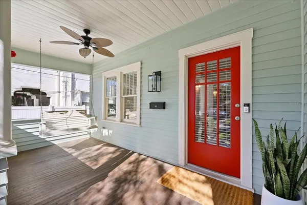 a view of a living room and front door