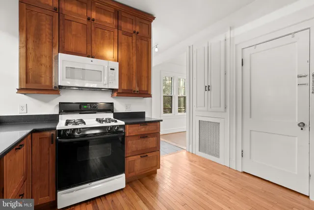 a kitchen with stainless steel appliances a stove a microwave and cabinets