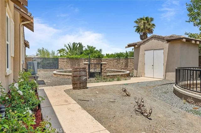 a view of a backyard with plants and palm tree
