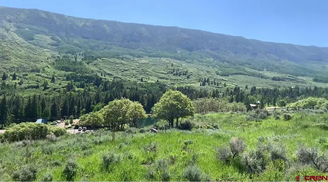 a view of a lush green hillside and houses