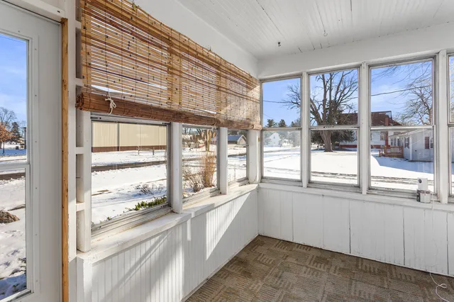 a large kitchen with a large window