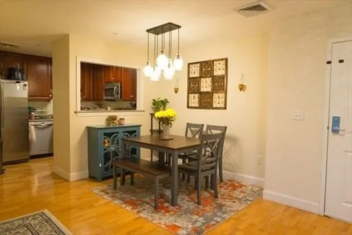 a view of a dining room with furniture