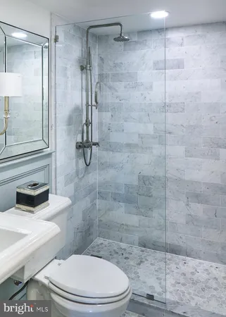 a bathroom with a toilet and a shower