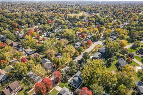 an aerial view of residential houses with city view