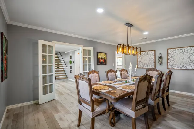 a view of a dining room with furniture