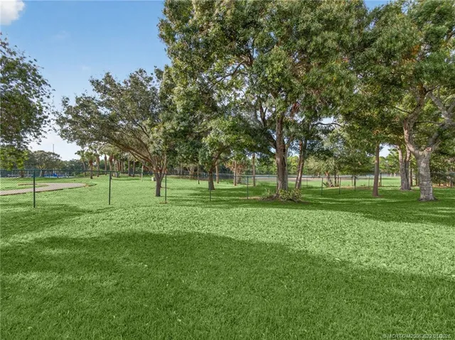 a view of a backyard with a slide trees and wooden fence
