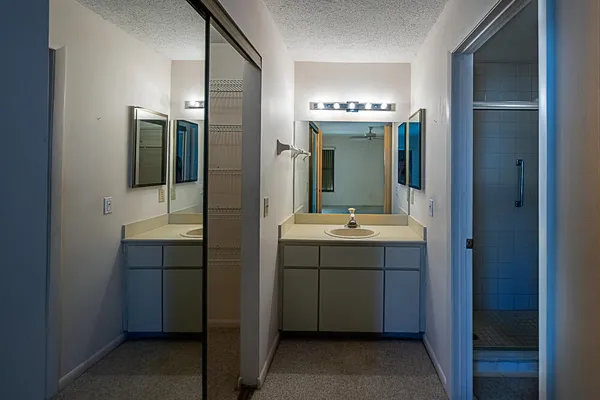 a bathroom with a shower and sink