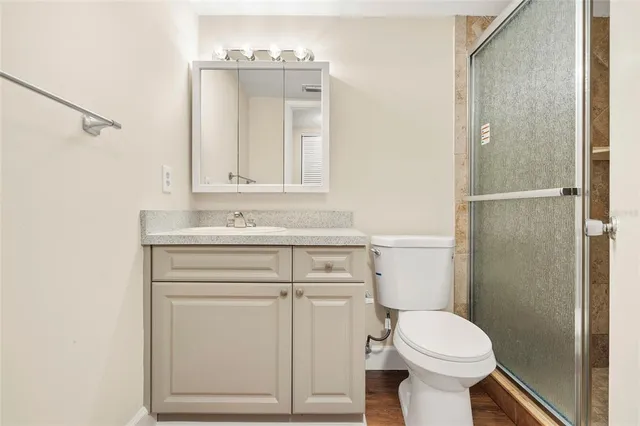 a bathroom with a shower and a toilet