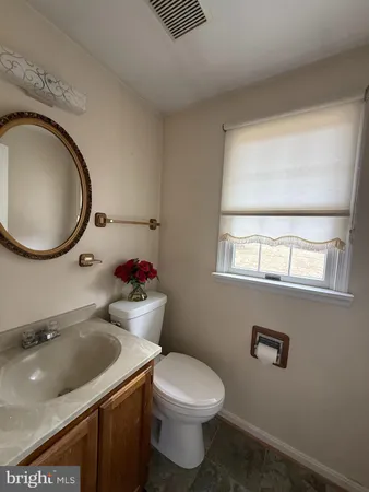 a bathroom with a sink mirror vanity and toilet