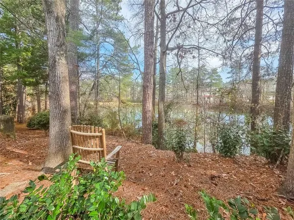 a garden view with a seating space