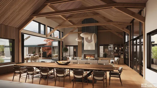 a dining hall with a large window and stainless steel appliances