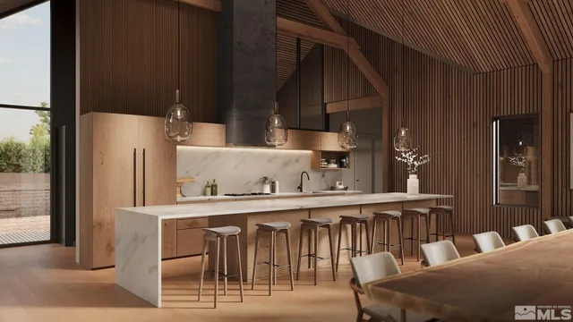 a kitchen with a table chairs refrigerator and cabinets