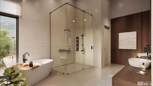 a spacious bathroom with a tub shower and mirror