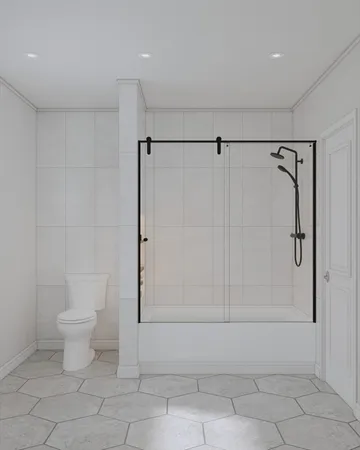 a bathroom with a shower and a toilet