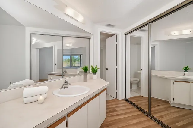 a bathroom with a sink and a mirror
