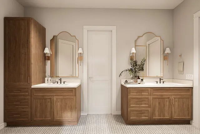 a bathroom with a double vanity sink and a mirror