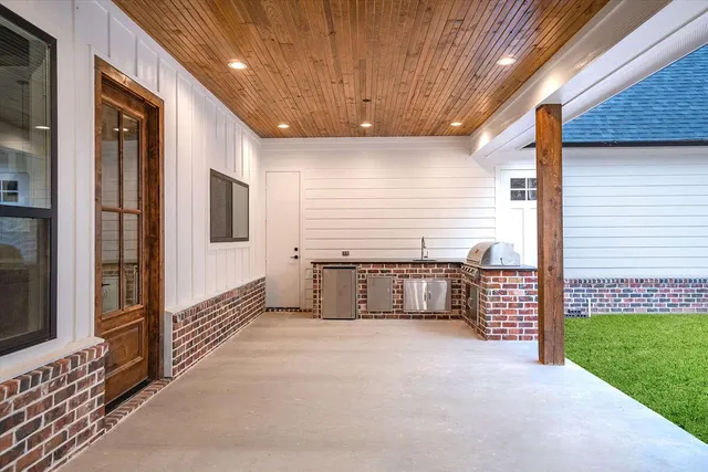 a garden view with a seating space