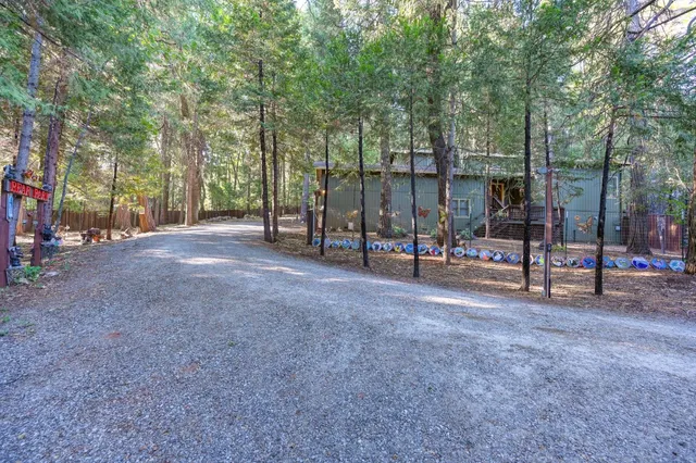 a view of a house with a yard and large trees