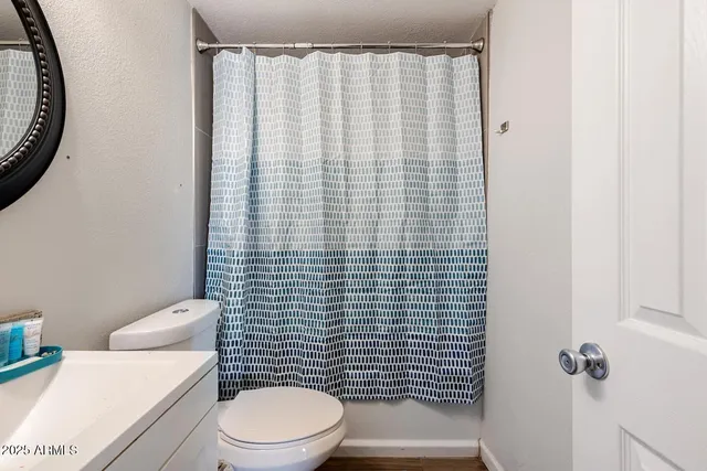 a white toilet sitting next to a shower curtain