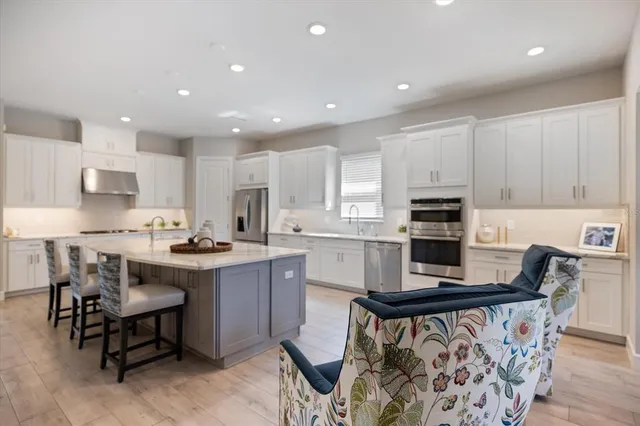 a view of a dining room with furniture