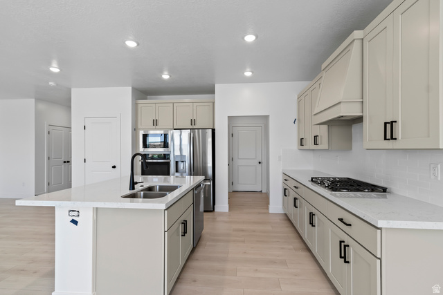 2816 West Aurora Avenue Mapleton, UT 84664 - Photo 5 of 20 Kitchen featuring light stone counters, a kitchen island with sink, light wood-type flooring, stainless steel appliances, and tasteful backsplash
