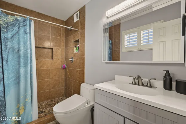 a bathroom with a sink a toilet and shower