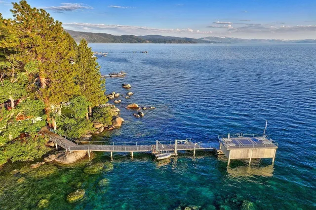a view of a backyard with plants and lake view