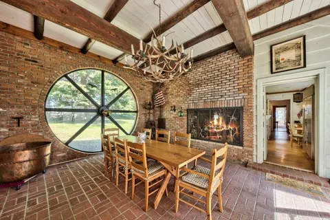 an outdoor space with seating space