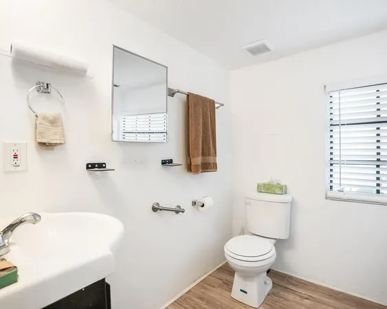 a bathroom with a sink toilet and mirror