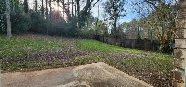 a view of a yard with trees in the background