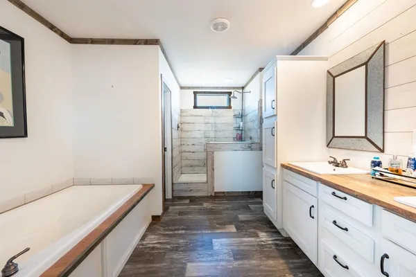 a bathroom with a double vanity sink a mirror and a bathtub